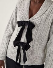 Bria Bow Cable Knit Cardigan, Gray (GREY), large