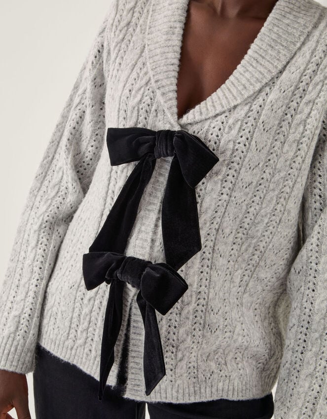 Bria Bow Cable Knit Cardigan, Gray (GREY), large