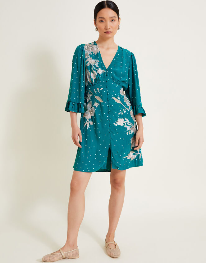Clea Polka Dot Embroidered Dress, Teal (TEAL), large
