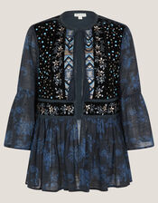 Kelly Hand-Beaded Paisley Velvet Jacket, Blue (MIDNIGHT), large