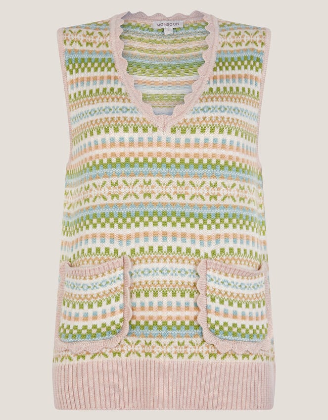 Fawn Fair Isle Knitted Vest, Green (GREEN), large