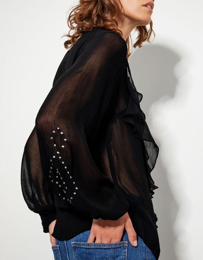 Saskia Stud Ruffle Blouse, Black (BLACK), large