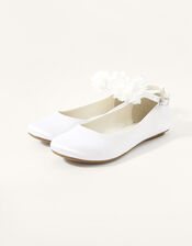 Satin Flower Ankle Ballerina Flats, White (WHITE), large