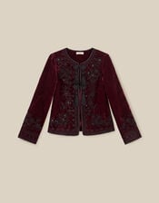 Mila Embellished Velvet Jacket, Red (BURGUNDY), large