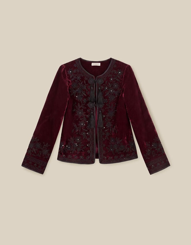 Mila Embellished Velvet Jacket, Red (BURGUNDY), large