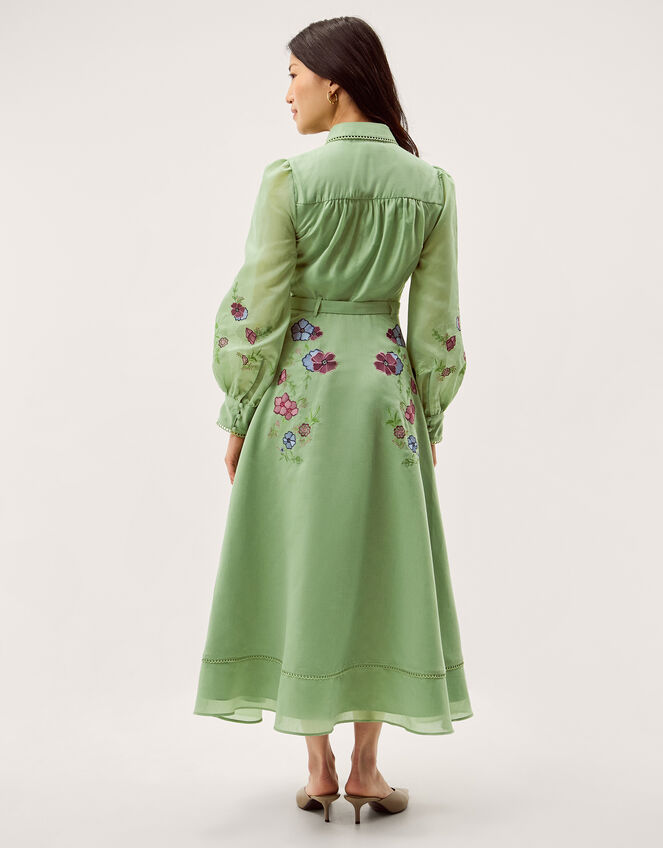 Orla Floral Embroidered Midi Shirt Dress, Green (GREEN), large
