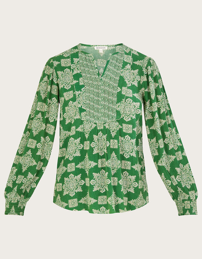 Fernandia Pleated Bib Geometric Print Top, Green (GREEN), large