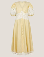 Nancy Applique Puff-Sleeve Midi Dress, Yellow (YELLOW), large
