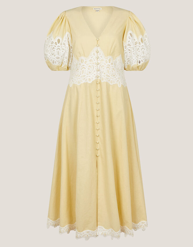 Nancy Applique Puff-Sleeve Midi Dress, Yellow (YELLOW), large