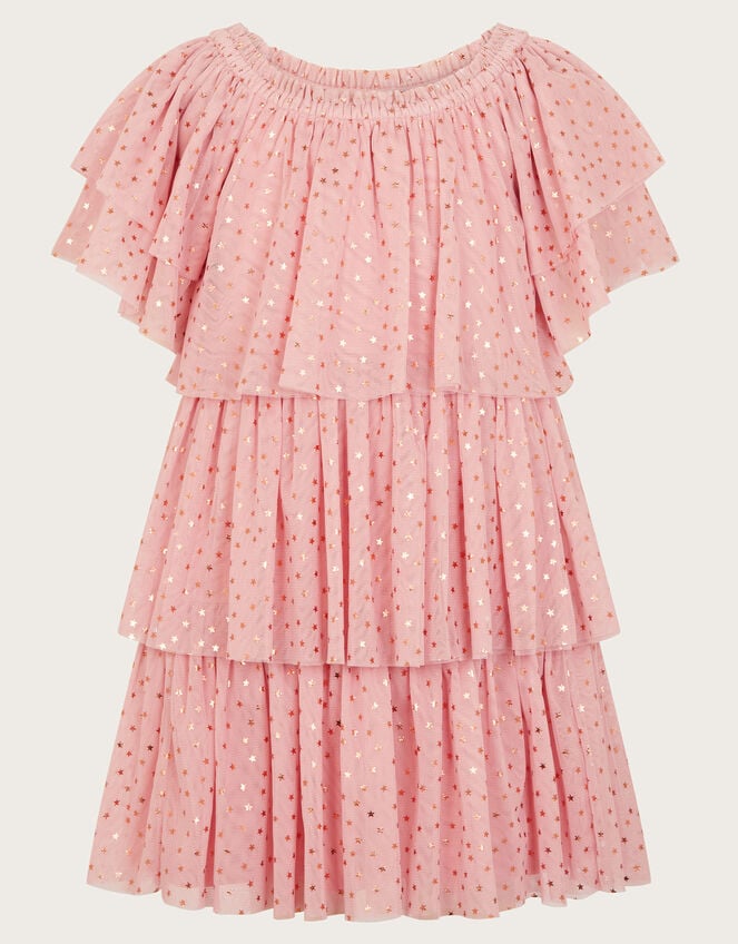 Metallic Star Tiered Mesh Dress, Pink (PINK), large
