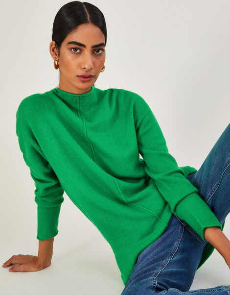 High Neck Longline Jumper with Recycled Polyester Green, Green (GREEN), large