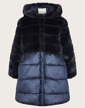 Faux Fur Padded Shine Coat, Blue (NAVY), large