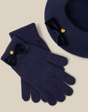Velvet Bow Wool Beret & Gloves Set, Blue (NAVY), large
