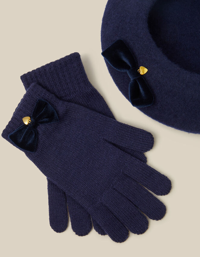 Velvet Bow Wool Beret & Gloves Set, Blue (NAVY), large