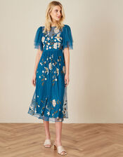 Bailee Embroidered Bird Dress, Blue (AQUA), large