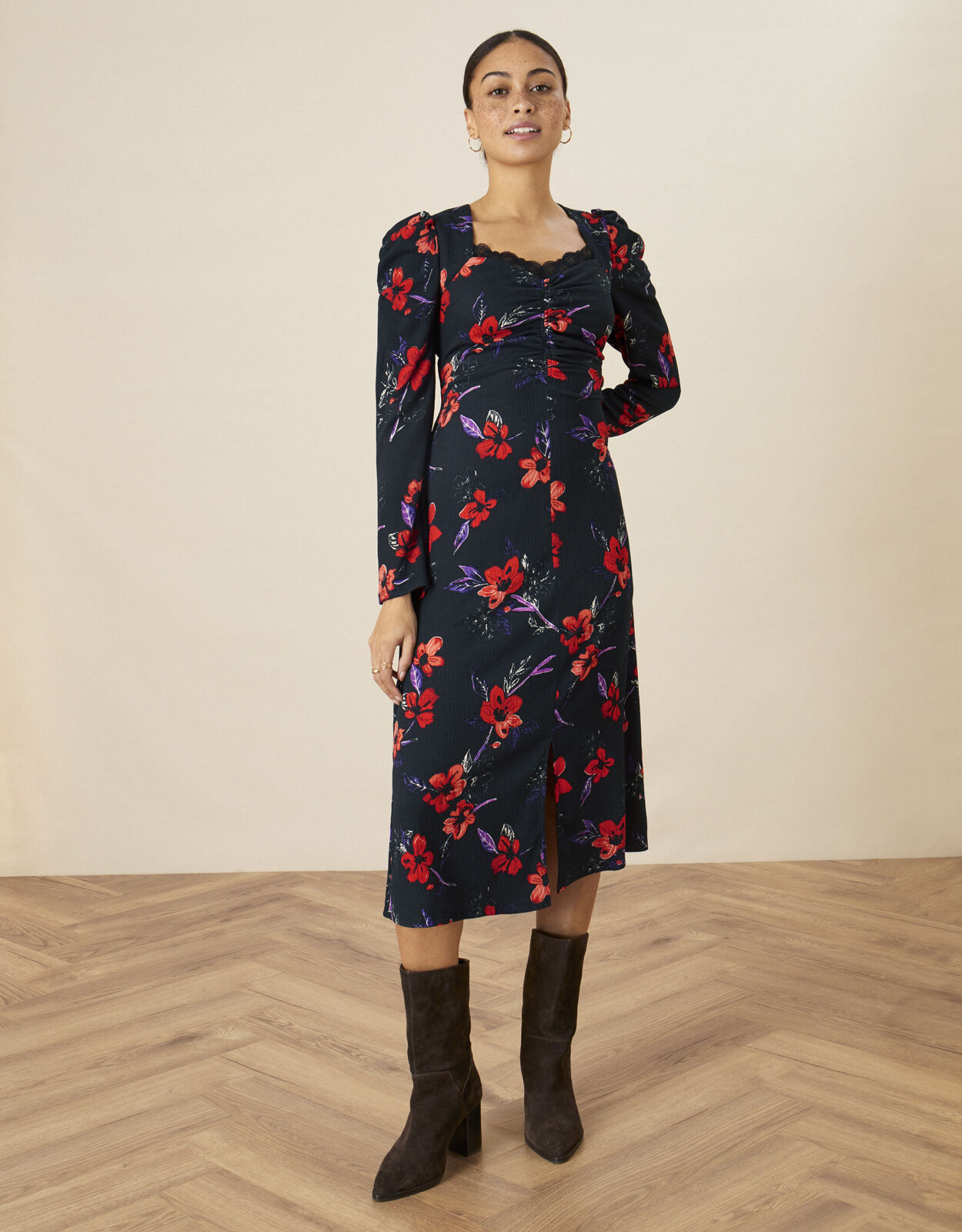 Floral Print Lace Midi Jersey Dress Black