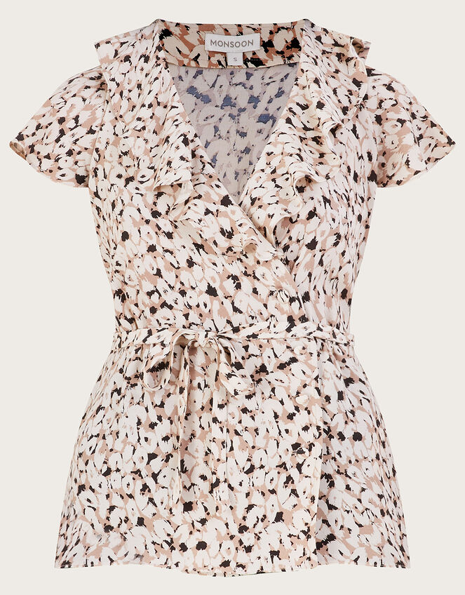 Anna Animal Print Wrap Top, Natural (NATURAL), large