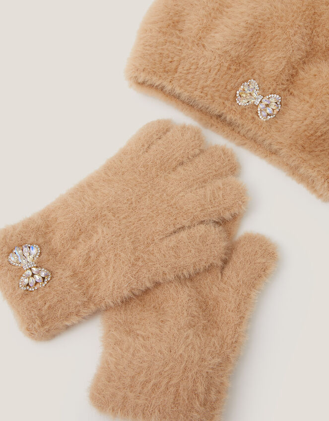 Jewel Bow Fuzzy Knit Hat & Gloves Set, Camel (CAMEL), large