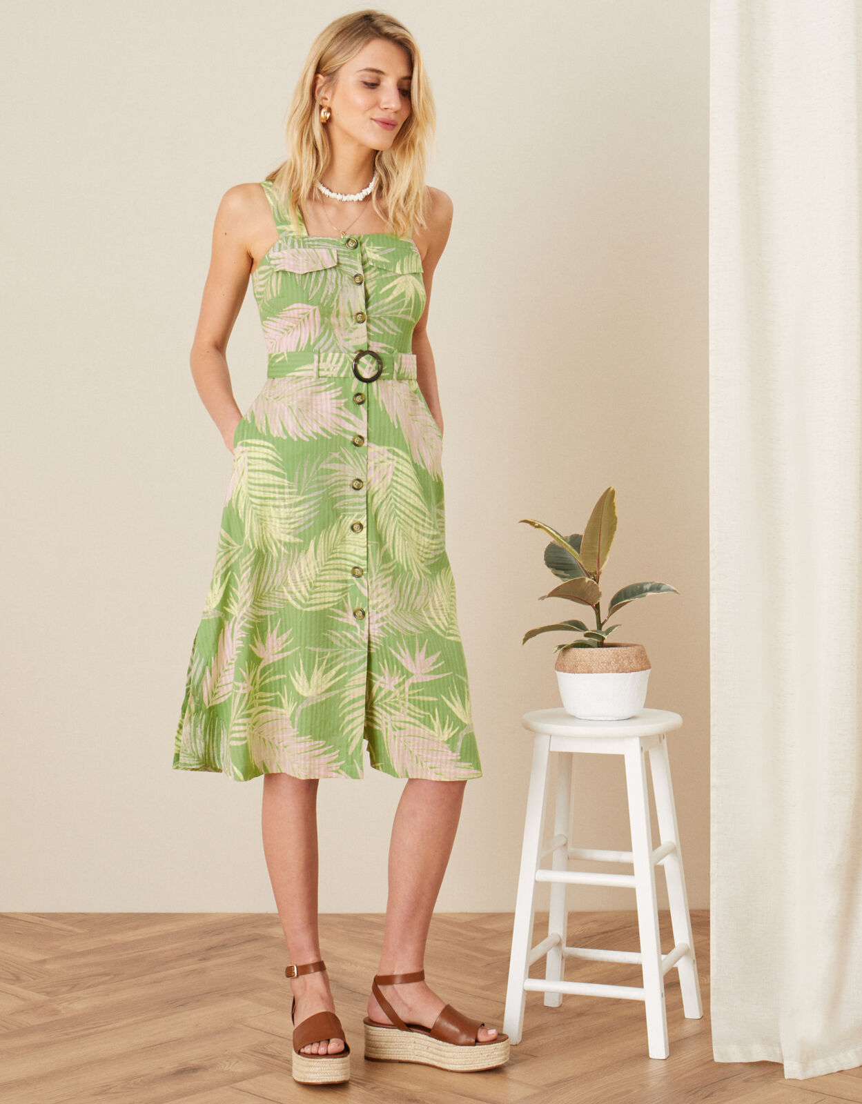 Palm Print Dress Green
