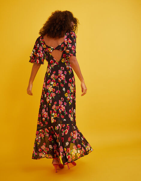 Mina Print Tea Dress in Sustainable Viscose, Black (BLACK), large