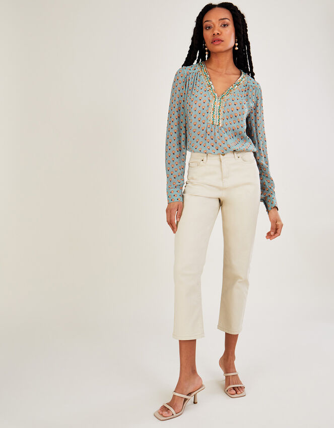 Emery Embellished Trim Blouse in Sustainable Viscose, Blue (TURQUOISE), large