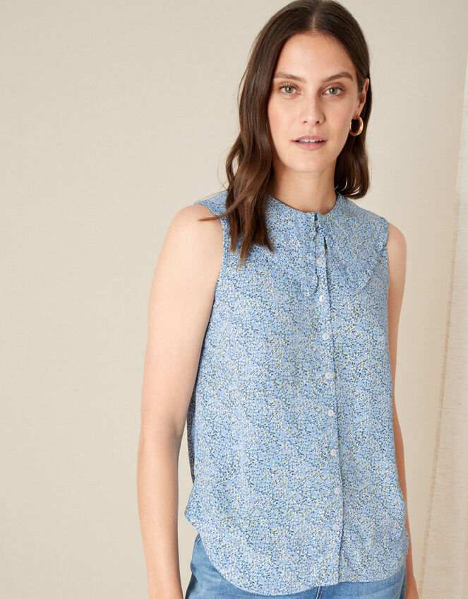 Fiona Ditsy Print Collar Sleeveless Top, Blue (BLUE), large
