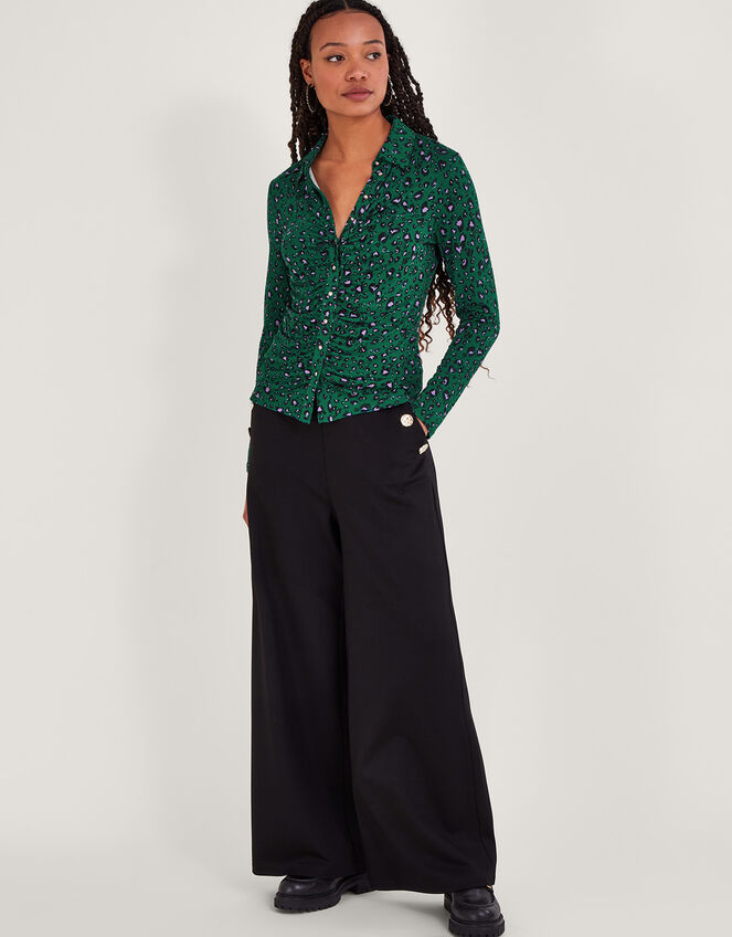 Leopard Print Ruched Jersey Shirt, Green (GREEN), large