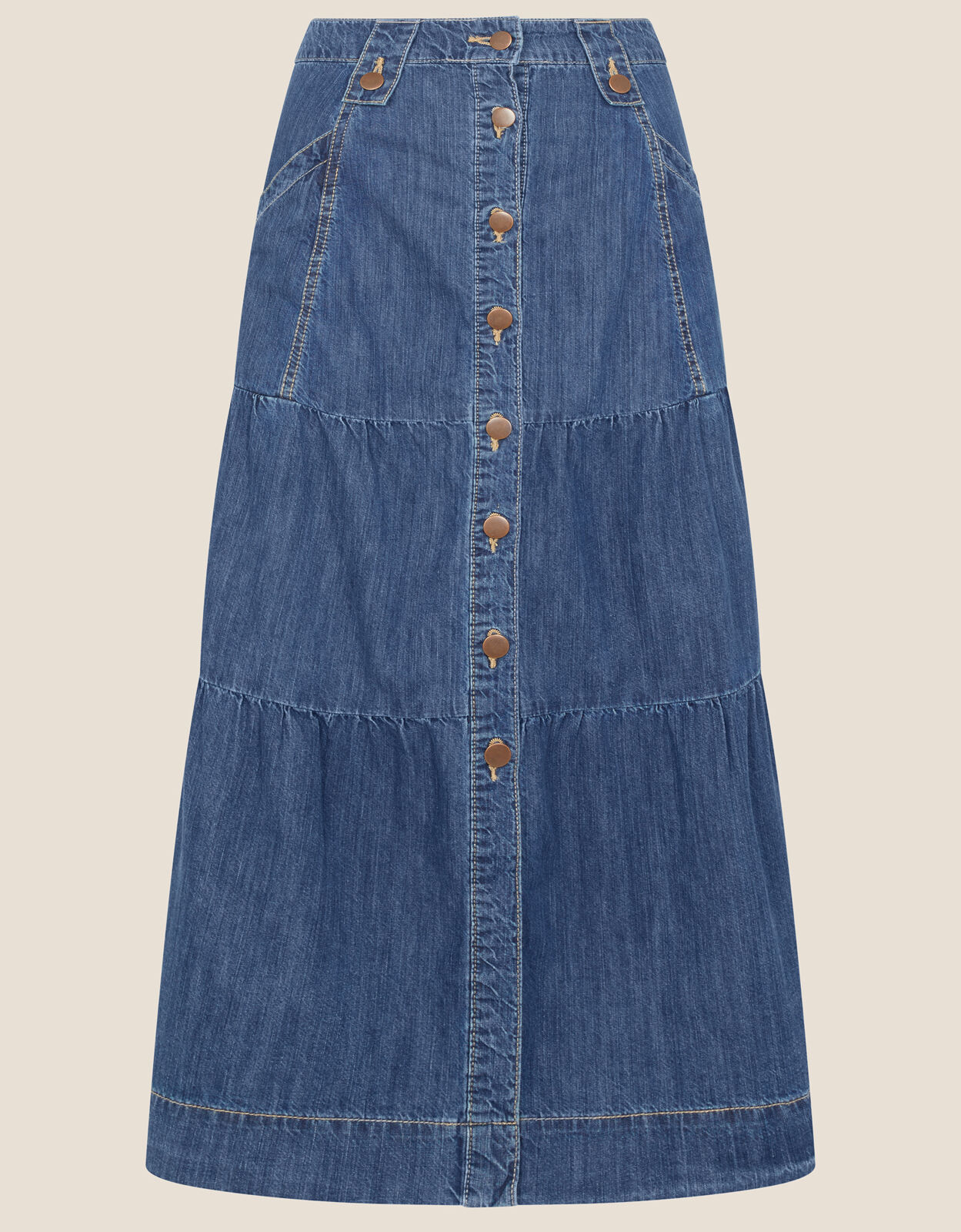Tiered Denim Midi Skirt Blue