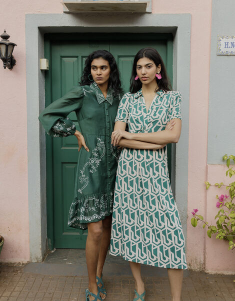 Geometric Print Midi Jersey Shirt Dress Green, Green (GREEN), large