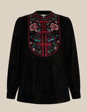 Agnes Long Sleeve Floral Embroidered Velvet Top, Black (BLACK), large