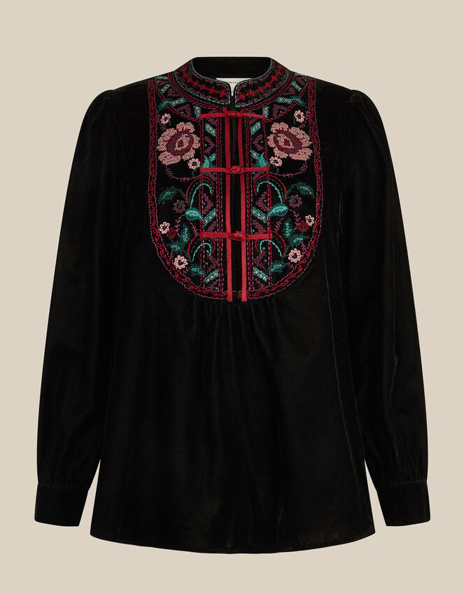 Agnes Long Sleeve Floral Embroidered Velvet Top, Black (BLACK), large