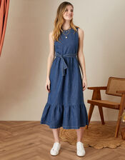 Hemp Denim Sleeveless Tiered Dress, Blue (DENIM BLUE), large