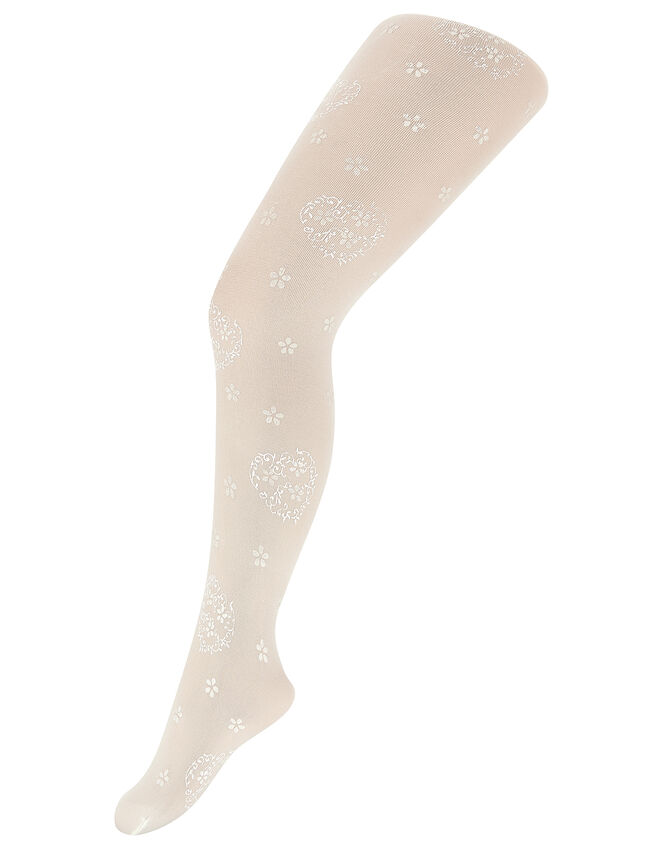 Girls Swirly Heart Flower Tights, Ivory (IVORY), large
