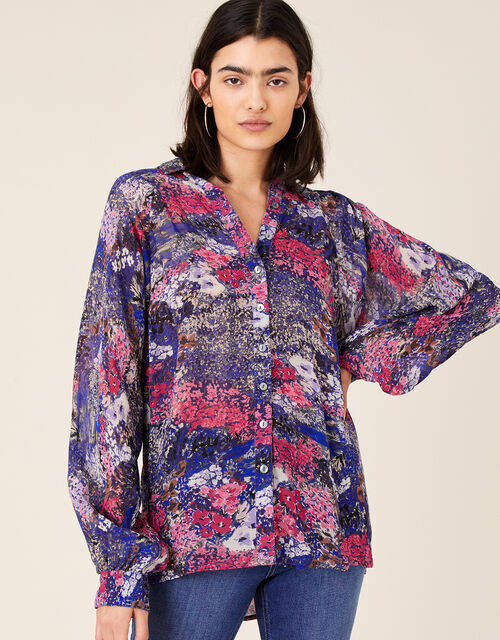 Printed Dolman Sleeve Shirt, Blue (NAVY), large