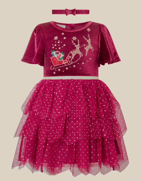 Baby Christmas Reindeer Mesh Dress & Headband Set, Red (BURGUNDY), large