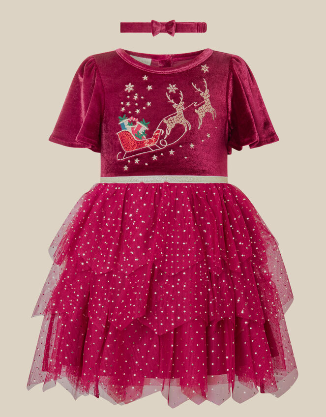 Baby Christmas Reindeer Mesh Dress & Headband Set, Red (BURGUNDY), large