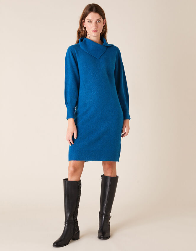 Split Neck Knit Dress, Blue (BLUE), large