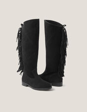 Flo Fringe Suede Knee High Boots, Black (BLACK), large