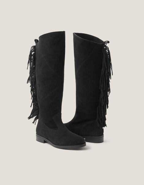 Flo Fringe Suede Knee High Boots, Black (BLACK), large