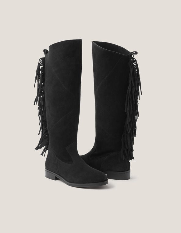 Flo Fringe Suede Knee High Boots, Black (BLACK), large