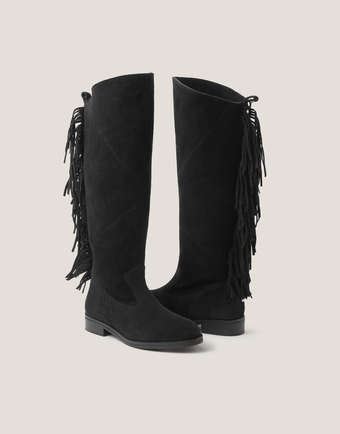 Flo Fringe Suede Knee High Boots, Black (BLACK), large