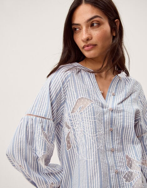 Maia Embroidered Stripe Blouse, Blue (BLUE), large