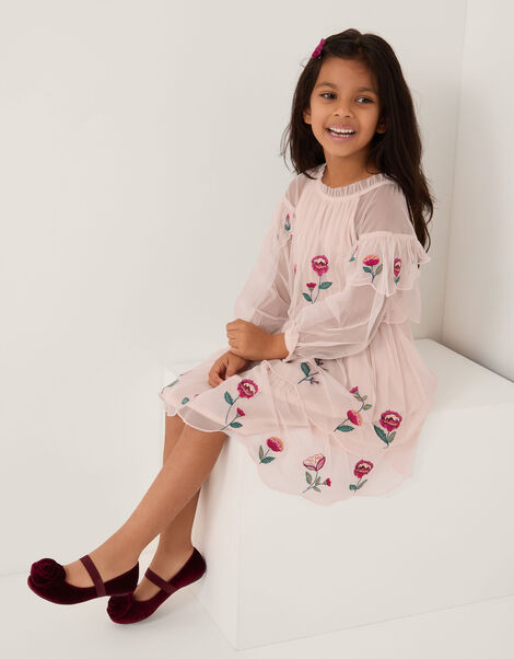 Floral Embroidered Scallop Tiered Dress, Cream (CREAM), large