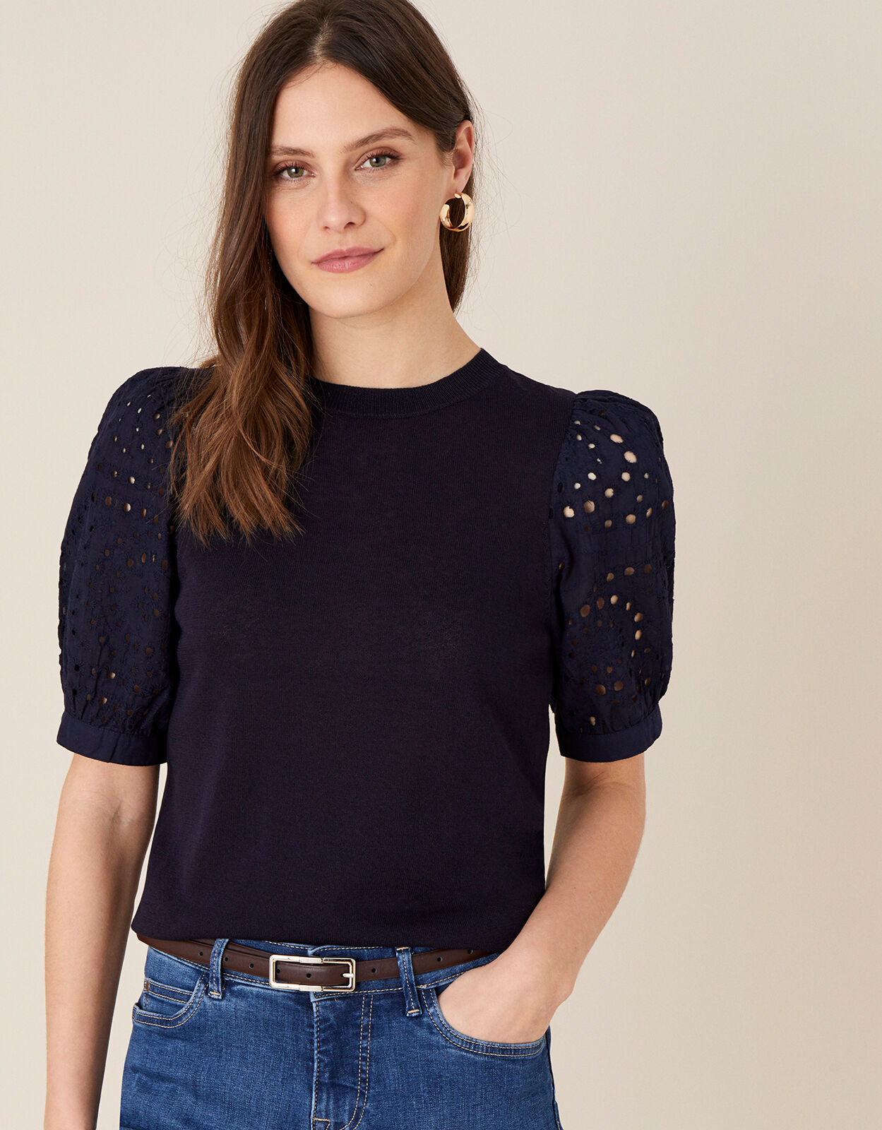 Broderie Sleeve Jumper in Linen Blend Blue Jumpers Monsoon Global