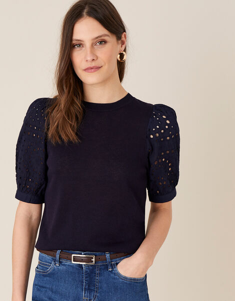Broderie Sleeve Jumper in Linen Blend Blue, Blue (NAVY), large