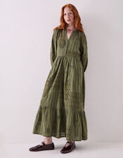 East Tasia Patchwork Broderie Maxi Dress, Green (OLIVE), large