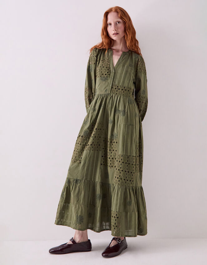 East Tasia Patchwork Broderie Maxi Dress, Green (OLIVE), large