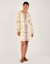 Aztec Print and Embroidered Short Dress, Ivory (IVORY), large