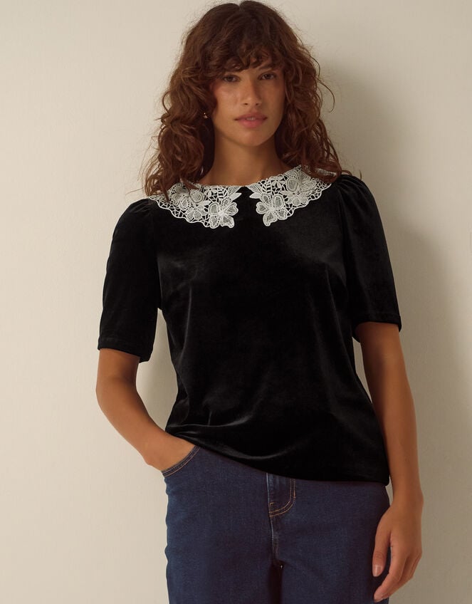 Lenora Lace Collar Velvet Top, Black (BLACK), large