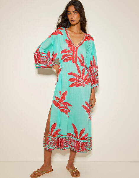 Pamela Palm Print Kaftan Dress, Green (MINT), large